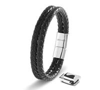 SERASAR Pulsera Hombre Cuero Negro Plateado Acero Inoxidable Amor Hijo 17cm