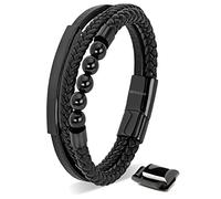 SERASAR Pulsera Hombre Cuero Negro Plateado Acero Inoxidable Amor Hijo 17cm