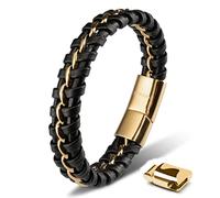 SERASAR Pulsera Hombre Cuero Negro Plateado Acero Inoxidable Amor Hijo 17cm