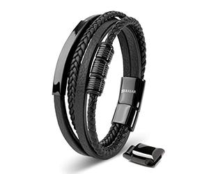 SERASAR Pulseras Magneticas 23cm Negro Pulsera de Cuero Hombre Hombres Brazalete Brazaletes Pulso Muñequera Bisuteria Bisutería Bandera Nudos Cuerda Mens Leather Bracelet Jewellery Ancha