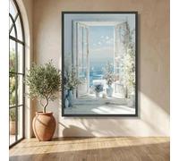 Serena vista al océano a través de una ventana rústica, lienzo con jarrón floral, escena costera natural, lienzo con jardín de mariposas (50x70cm/sin marco)