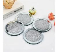 SERENA'S ® Juego de 4 posavasos de cristal de diamante triturado y espejo, juego de 4 posavasos plateados brillantes para el hogar, cocina, bar y decoración de estuarios (redondos)