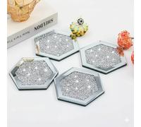 SERENA'S ® Juego de 4 posavasos de cristal de diamante triturado y espejo, juego de 4 posavasos plateados brillantes para decoración del hogar, cocina y restaurante, juego de posavasos brillantes para