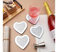 SERENA'S ® Juego de 4 posavasos de cristal de diamante triturado y espejo, juego de 4 posavasos plateados brillantes para el hogar, cocina, bar y decoración de estuario (corazón)