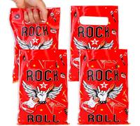 Serencatcher 50 bolsas de fiesta de rock and roll, bolsas de regalo de música, bolsas de regalo de plástico con asas, color negro y rojo para decoraciones de fiesta de rock n roll de los años 50, 80,