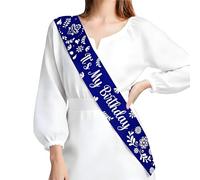 Serencatcher Banda de cumpleaños de Talavera mexicana azul, azul profundo, banda de satén con texto en inglés "It's My Birthday", accesorio de fiesta temática floral mexicana para adultos, decoración