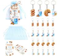 Serencatcher Regalos de fiesta de leche y galletas - 24 juegos de llaveros temáticos de galletas (4 diseños), etiquetas de agradecimiento por hacer mi fiesta tan dulce, bolsas de organza con cuerda