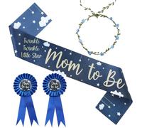 Serencatcher Twinkle Baby Shower Favors, Navy Mom To Be Daddy To Be Corsage Pins, Twinkle Twinkle Little Star Baby Shower Sash and Pins Set Star Gender Reveal Party Belt Sash Hair Band Gift Set