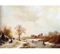 SERENDIPITP Cuadro Moderno Impresión Winterlandschap: un paisaje invernal con patinadores en un canal y campesinos junto a una granja en primer plano para Decoración de Paredes 60x90cm