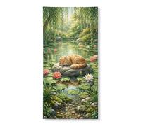 Serene - Cubierta decorativa para puerta de gato, escena natural realista con nenúfares y gato durmiendo, decoración del hogar interior y exterior, suministros de fiesta de jardín de temporada, 36 x
