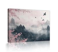 Serene Oriental Tinta Lavado de Tinta Decoración de Paredes Jardinería Cerezos en Flor y Pájaros Voladores Estampado en Lienzo Arte Zen en la Pared para Salón o Casa de Té Marco interior 35x52cm