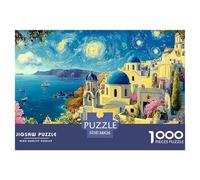 Serene Paint-by-Number Santorini Landscape 1000 Pcs Premium-Karton Puzzle Beachside Landscape Lebendige Bilder Familienspiel Puzzles Als Geburtstagsgeschenke 38x26cm/1000pcs