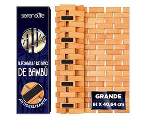 SereneLife Bamboo Bath and Shower Mat, Non-Slip Floor Mat with Extra Grips, Slatted Design, Natural Finish for Bathroom, SPA, Sauna - Rollable and Easy to Clean
