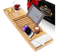 SERENELIFE Bamboo Bathtub Caddy con caja de regalo de lujo y cinta roja de regalos extensible y bandeja ajustable con dispositivo/soporte de libros c