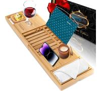 SereneLife Bandeja de bambú para bañera, Organizador Ajustable, Soporte para Libros y tabletas, bandejas de Accesorios extraíbles, diseño ergonómico, Ranura para Copa de Vino, Regalo Relajante de SPA