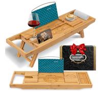 SereneLife Bandeja de baño de bambú, Extensible, Antideslizante, Soporte para Copas de Vino, Soporte para Tablet y Ranura para Libros, diseño Plegable con Respaldo para SPA, relajación y decoración