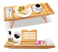 SereneLife Bandeja de baño para Desayuno, Bandeja de Comida para Desayuno, Extensible, Impermeable, de Madera de bambú Natural, Bandeja de bañera y Cama con Brazos Plegables deslizantes, Ranuras para