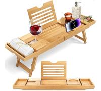 SereneLife Bandeja para bañera, Desayuno, Bambu, Extensible, Ajustable, Soporte para Copa de Vino, Libro, Movil, Tablet