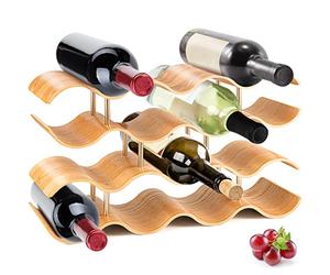 SereneLife Botellero de bambú - Estante de encimera de 4 Niveles con Ranuras para 14 Botellas, Soporte único de Madera apilable, Ahorra Espacio para gabinetes, Cocina y despensa, diseño Moderno y
