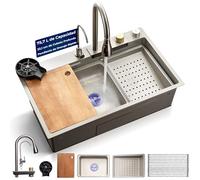 Serenelife fregadero cocina, Con grifo, Rejilla de drenaje, Canasta coladora, Tavla de cortar, Lavavasos, Acero inoxidable, Instalacion bajo o sobre encimera