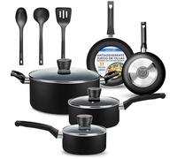 SereneLife Set de 5 Sartenes Antiadherentes de Cerámica, Incluye Sartén Parrilla y Wok, Sartenes Resistentes a Manchas con Asas Frías, Tapa de Vidrio Templado, Libre de PTFE/PFOA/PFOS (Negro)