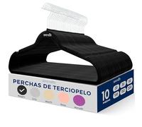 SereneLife Perchas, Ropa, de Terciopelo, Antideslizantes, Finas y Suaves. 10 Piezas, con Gancho Giratorio de 360°. Color Negro