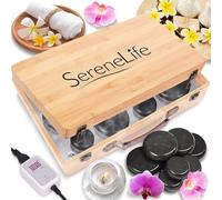 SereneLife Set de Caja Calentadora de Piedras de Masaje - Masajeador Eléctrico Portátil para Spa con 12 Piedras de Basalto Grandes/Pequeñas Negras y Caja de Bambú