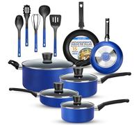 SereneLife Set de Utensilios de Cocina de 15 Piezas Azul - Ollas y Sartenes Anti-Adherentes, Resistentes al Calor con Tapas, Apta para Lavavajillas, Incluye Utensilios a Juego