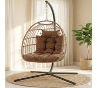 SereneLife Silla Colgante de Huevo con Soporte, Silla oscilante de Mimbre para Exteriores, Marco de Acero Recubierto de Polvo, cojín Acolchado y reposacabezas, Silla oscilante Ideal para Dormitorio