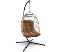 SereneLife Silla Plegable de Mimbre de ratán con Soporte, cojín Impermeable y reposacabezas, para Interiores y Exteriores, jardín, Patio, Porche, Dormitorio, Muebles de salón, Color marrón