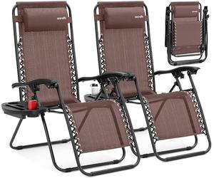 SereneLife sillas reclinables de Exterior, Set de 2, Tumbonas, con Almohada Desmontable, Portavasos, Plegables, Portatiles, Zero Gravity, Ideales para Camping, Patio, Jardin, Piscina o Playa