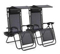 SereneLife Zero Gravity - Silla reclinable de Malla de Acero Ajustable, con toldo, Almohadas extraíbles y mesas auxiliares para portavasos, Juego de 2, Color Negro