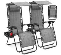 SereneLife Zero Gravity - Silla reclinable de Malla de Acero Ajustable, con toldo, Almohadas extraíbles y mesas auxiliares para portavasos, Juego de 2, Color Gris