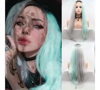 SereneWig Peluca sintética de encaje frontal de 61 cm de largo, color degradado, medio verde, mitad gris, para mujer, cosplay, uso diario, raíz oscura, verde pastel, gris, resistente al calor, pelucas