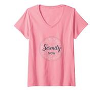 Serenity Now: Mindfulness meditación Mandala de Loto Zen Camiseta Cuello V, Mujer, Rosado, L