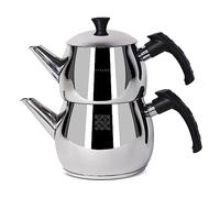Serenk Modernist - Juego de tetera turca de acero inoxidable Caydanlik, tetera de 1 L, tapa de tetera de 1,5 L, mango negro, fabricado en Turquía