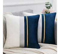 Serento 2 Piezas Funda de Cojín Azul Moderno Fundas para Almohada 40x40cm Terciopelo Suave Caso Cojines Decorativas Azul y Blanco Empalme con Rayas Dorado con Cremallera Invisible, 16 x 16inch