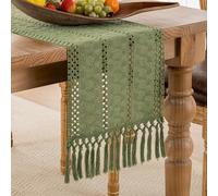 Serento Camino de Mesa de Lino Macramé Camino de Mesa Rústico Bohemio, Corredor para Cocina Vintage con Borlas Verde Table Runner 30x140cm para Mesa de Comedor de Cocina Decoración