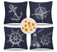 Serento Funda Cojines Impermeable Fundas de Almohadas Náutico Ancla Faro Brújulas Funda Cojín Lino para Patio Balcón Jardin Terraza Interior Exterior Salón Cama Silla 40x40 cm 4 Piezas Azul Marino