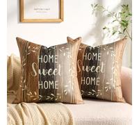 Serento Fundas Cojines 40x40 Marrón Lino Sintético Rayas Hogar Dulce Hogar Blanco Corona Granja Rústico Marrón Caqui Juego de 2 Fundas de Cojín con Cremallera Invisible para Sofá Sillón Balcón