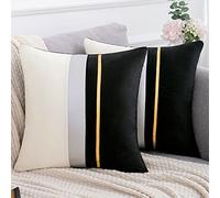 Serento Fundas de Cojín Terciopelo Moderno Lujoso Funda de Almohada para Sofá Cuadrada Decoración Hogar Interior Exterior Empalme Rayas Plateada Dorada 45x45cm, Negro, Paquete de 2