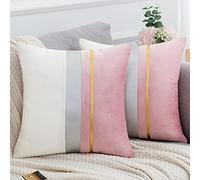 Serento Juego de 2 Fundas de Cojín Moderna Almohadas Cuadrada para Sofá Rosa y Blanco Empalme con Rayas Cuero Dorado Plateado 40x40cm Decoración para Hogar Cama Bancos Sala Sillas Jardín Exterior