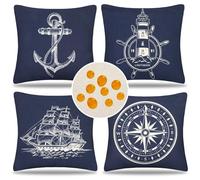 Serento Juego de 4 Fundas de Almohada Impermeables Funda de Cojín 45x45cm Funda de Almohada Náutica Vela Brújula Ancla Timón Azul Marino para Patio Dormitorio Hogar Muebles Jardín Exterior
