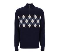 Sergio Tacchini Sangro Jersey de punto con cremallera de un cuarto, azul marítimo, patrón clásico de rombos, cuello alto, manga larga, Azul marítimo, M