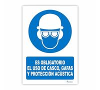 Seribas Señal Es Obligatorio el Uso de Casco, Gafas y Protección Acústica, Cartel PVC 0,7 mm. Tamaño A4 21 x 30 cm, Homologada, Señal Obligación.
