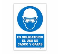 Seribas Señal Es Obligatorio el Uso de Casco y Gafas, Cartel PVC 0,7 mm. Tamaño A4 21 x 30 cm, Homologada, Señal Obligación. Tinta y Material Resistente.