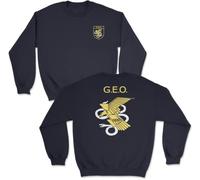 SERPOLICIA Sudadera del Geo. Grupo Especial de Operaciones de la policía Nacional. Operaciones Especiales del CNP. SWAT español. (FR/ES, Letras, S, Regular, Regular, Azul Marino sin Capucha)