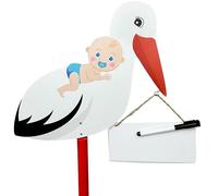 Serra FÉ Cigüeña de nacimiento para exterior, grande, bonita cigüeña de madera para bebé, regalo para bebé, 107 cm de alto, impreso por ambos lados, con pizarra blanca y bolígrafo lavable