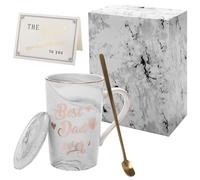 SERTAS Taza de café con texto en inglés "Best Dad Ever", regalos de cumpleaños para papá, taza de café de cerámica gris de 14 onzas con impresión dorada, tapa, cuchara y tarjeta, en caja de regalo