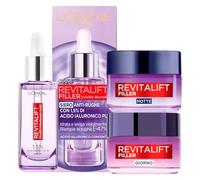 L'Oréal Paris Revitalift Filler - Kit de sérum antiarrugas rellenador e hidratante 30 ml, tratamiento antiedad reafirmante de 50 ml y tratamiento facial noche rellenador con ácido hialurónico de 50 ml